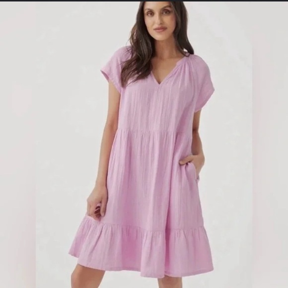 Pact Light Pink purple organic cotton tiered maxi dress summer spring L - Picture 1 of 11